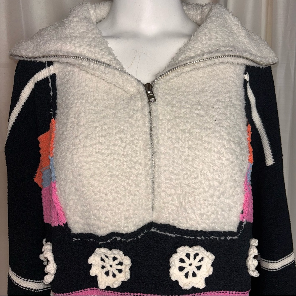 POL Half-Zip Patchwork Chenille Stand Up Collar S… - image 3